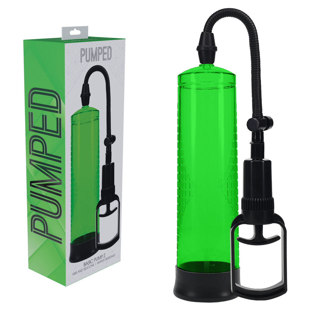 Basic transparent penis pump with measurement cylinder and soft silicone entry sleeve for erectile support and enhancement, green | Flirty bay online adult store, adult toys and lingerie